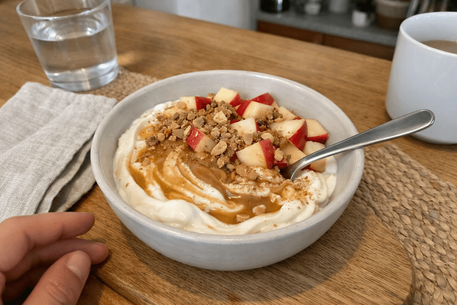 Nutty Peanut Butter & Apple Yoghurt Bowl - breakfast recipe, 340 calories per serving