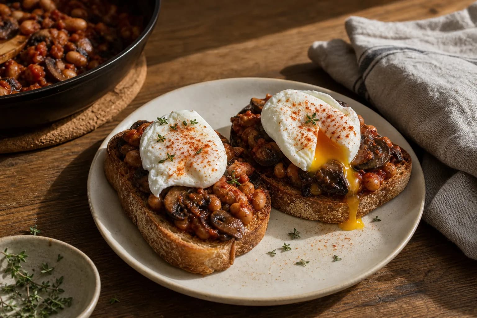 British-Style Smoky Mushroom White Bean Toast with Poached Eggs