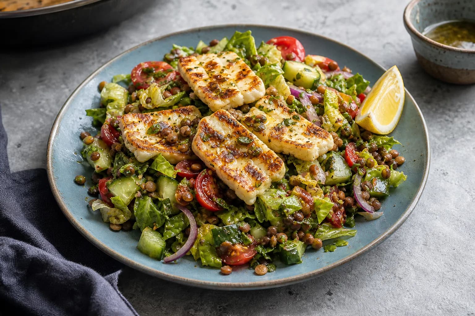 Halloumi Lentil Greek Salad Plate
